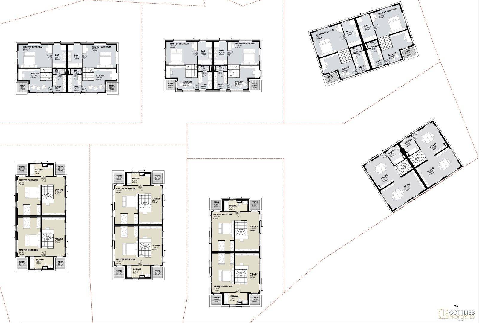 Detaillierte Grundrisse mit Schlafzimmern und Bädern, die die Raumaufteilung der oberen Etagen zeigen.