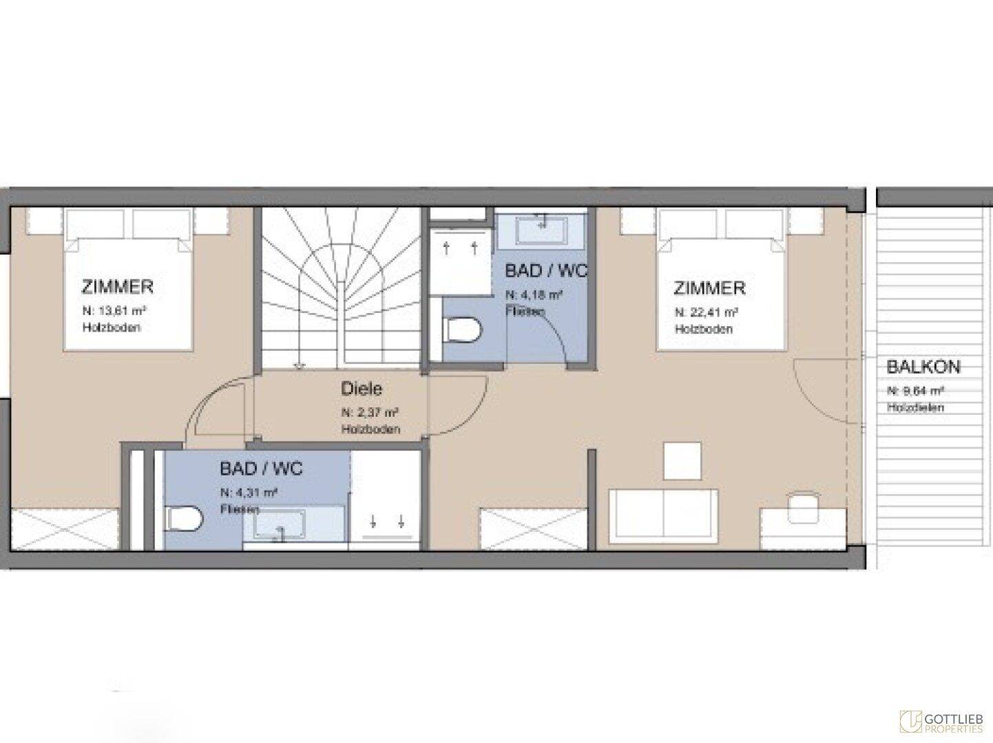 Grundriss der oberen Ebene mit zwei Schlafzimmern, zwei Bädern und einem Balkon.