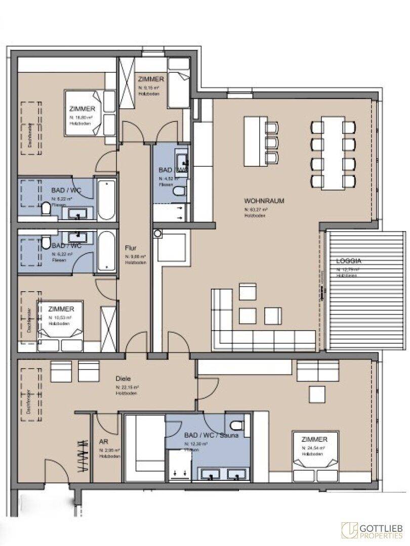 Detaillierter Grundriss einer Wohnung mit mehreren Zimmern, Bädern, Wohnraum und einer Loggia.