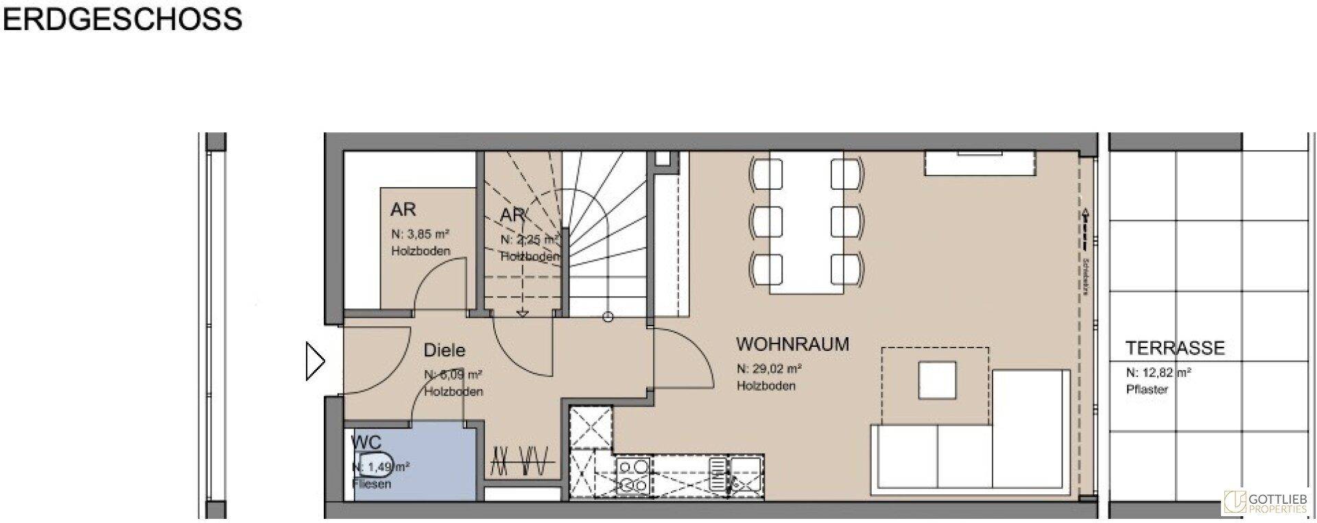 Grundriss des Erdgeschosses mit offenem Wohnbereich, separatem WC und Zugang zur Terrasse.
