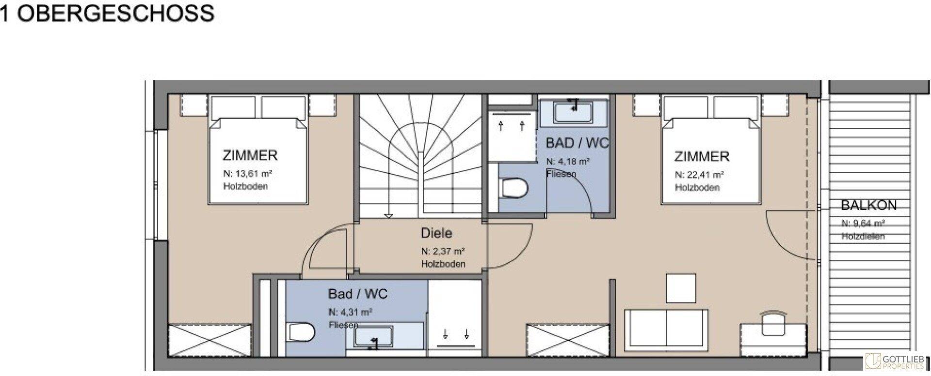 Grundriss des Obergeschosses mit zwei Schlafzimmern, zwei Bädern und einem Balkon.