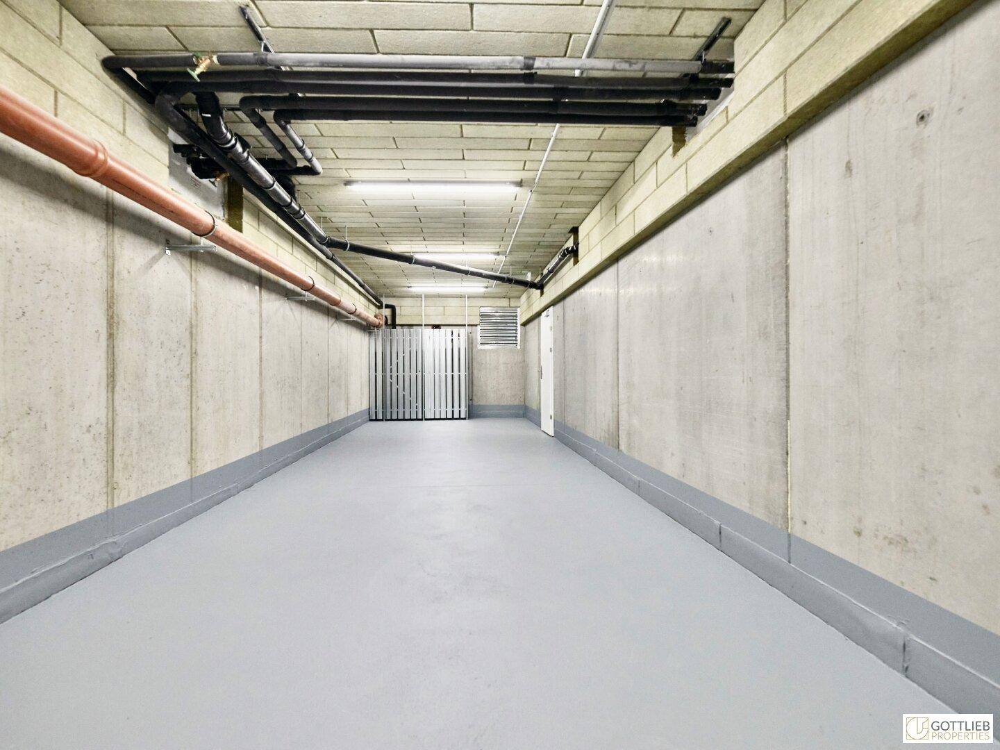 Geräumiger Kellerraum mit Betonwänden, sichtbaren Leitungen und robustem Boden.