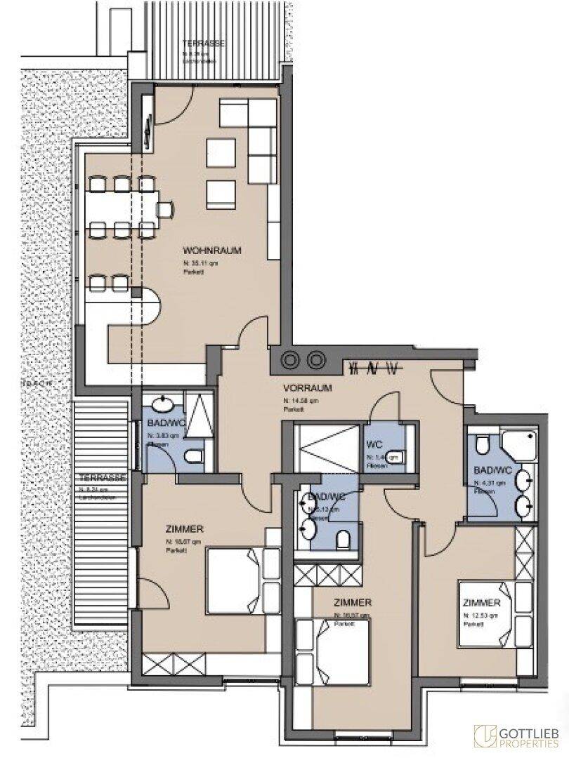 Grundriss einer Wohnung mit mehreren Zimmern, Bädern und zwei Terrassenbereichen.