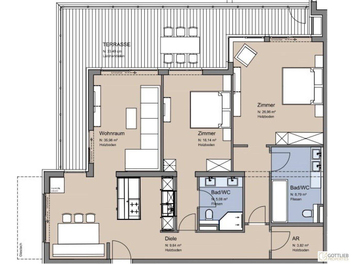 Detaillierter Grundriss einer Wohnung mit Wohnraum, Schlafzimmer, zwei Bädern und großer Terrasse.