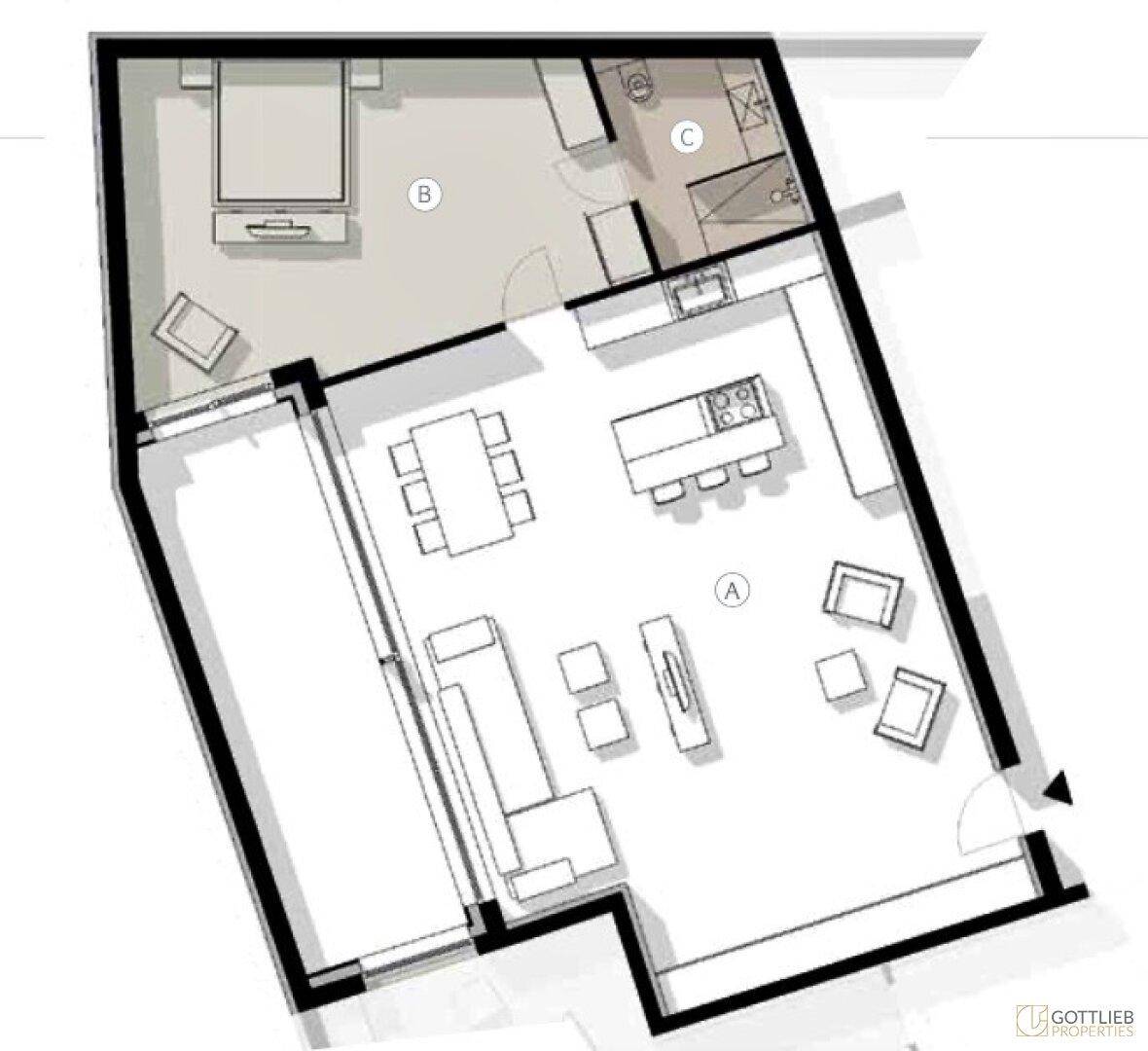 Grundriss einer Wohnung mit offenem Wohnbereich, Schlafzimmer und Badezimmer.