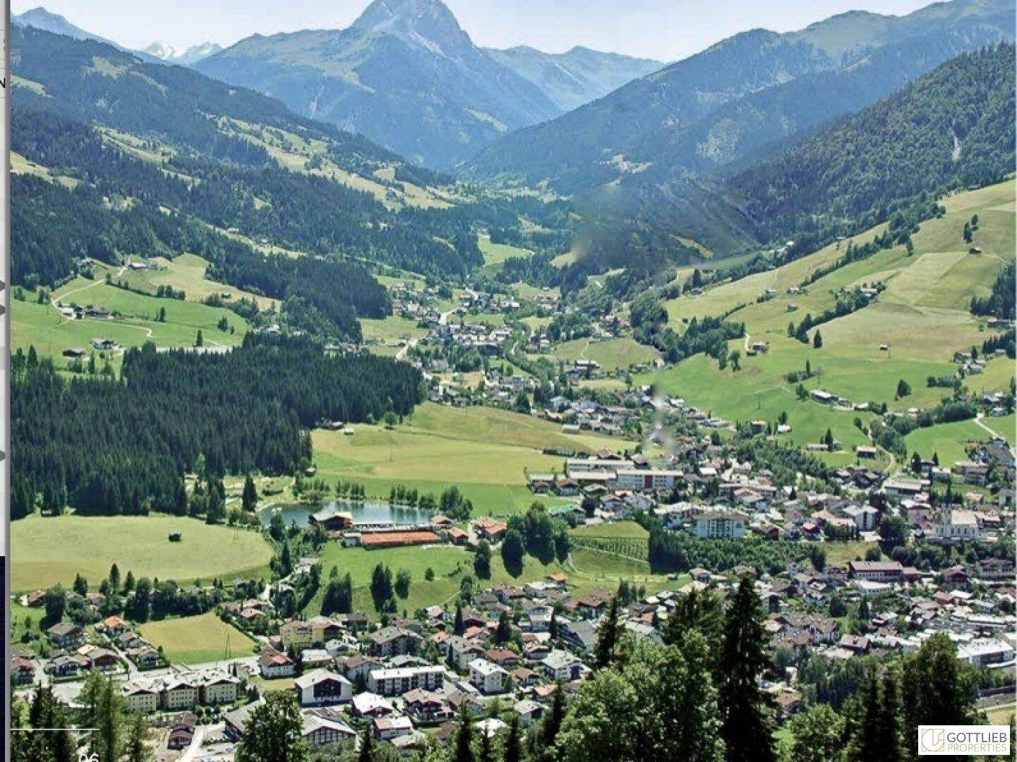 Malerischer Blick auf ein grünes Tal mit einem Dorf, Wäldern und Bergen im Sommer.