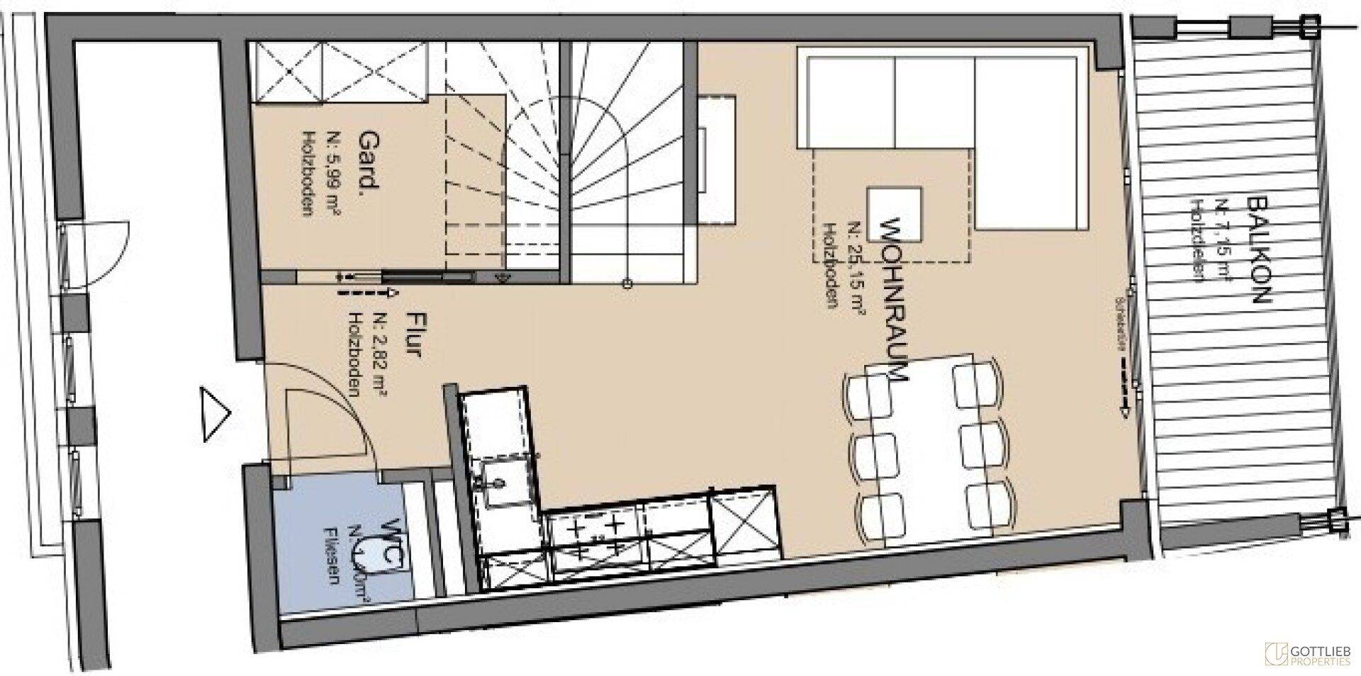 Grundriss des Erdgeschosses mit offenem Wohnbereich, Küche, Gäste-WC und großem Balkon.