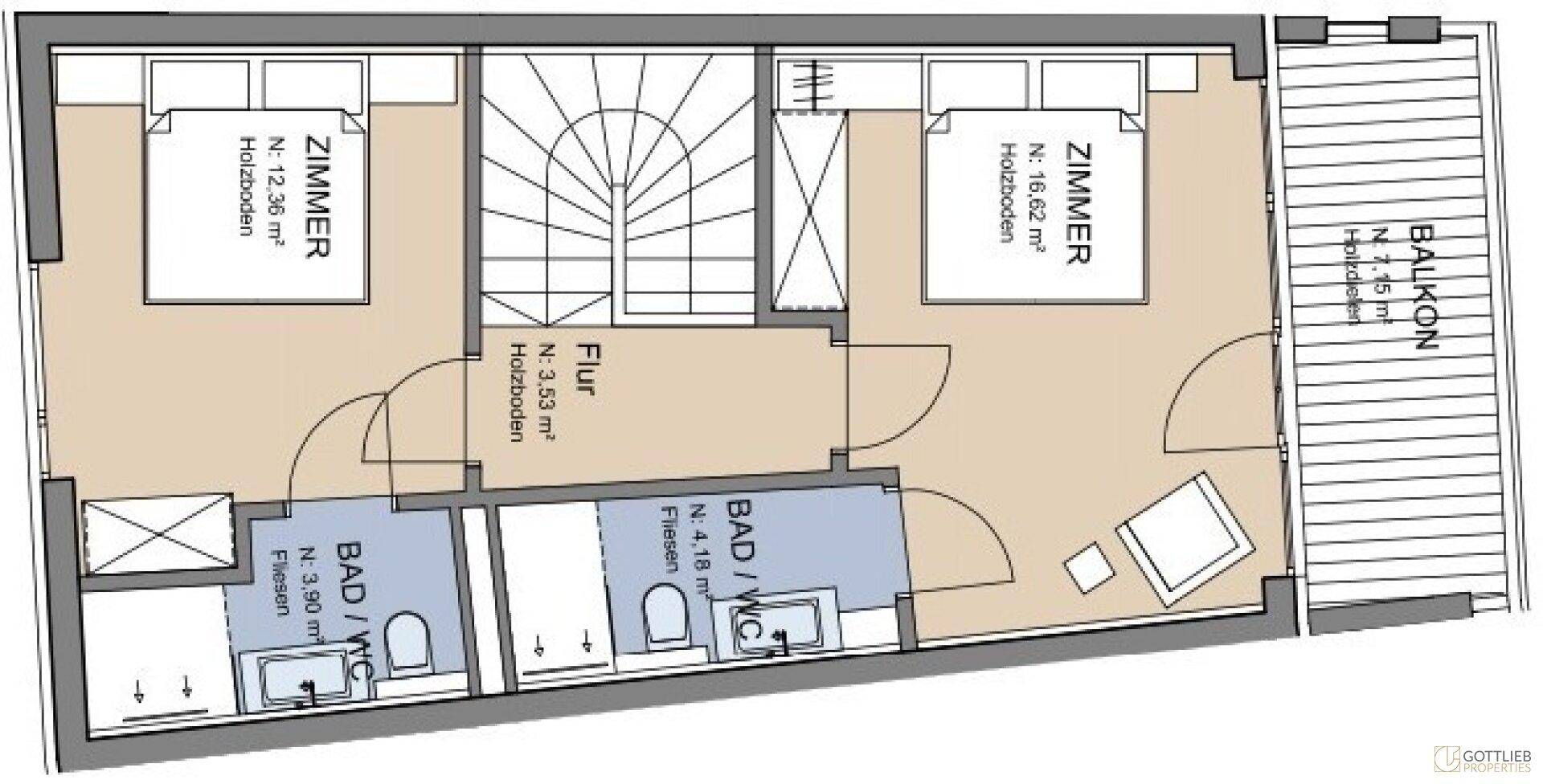 Obergeschoss-Grundriss mit zwei Schlafzimmern, zwei Bädern und Zugang zu einem weiteren Balkon.