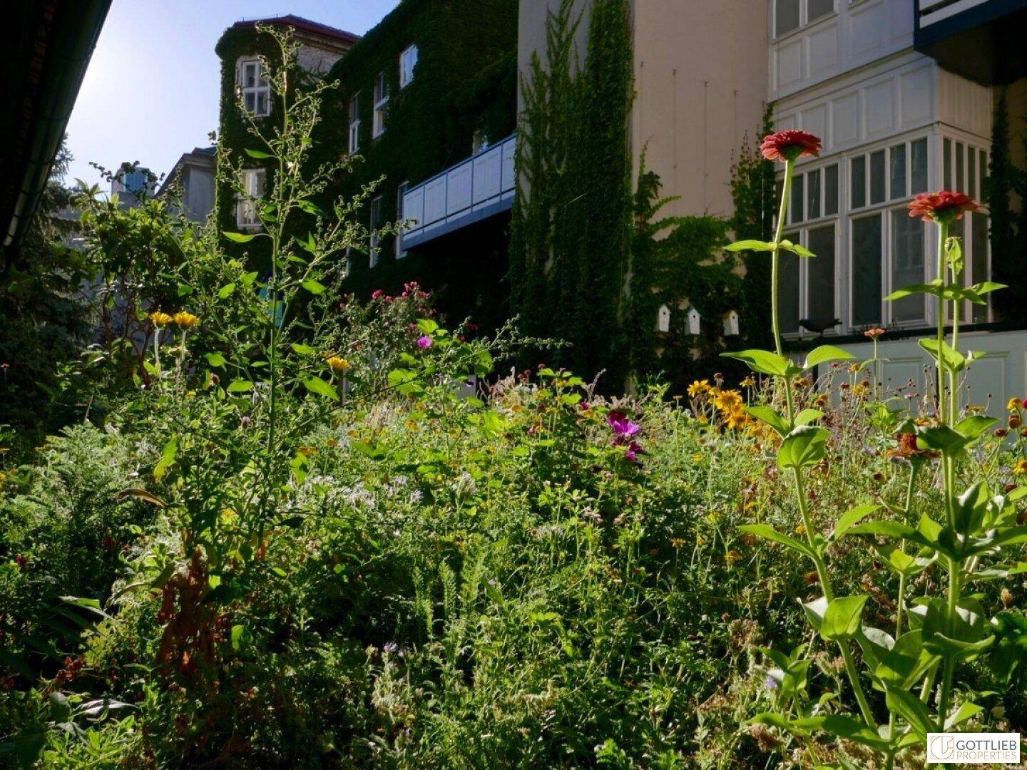 Üppiger Garten mit vielfältigen Blumen und Pflanzen in voller Blüte.