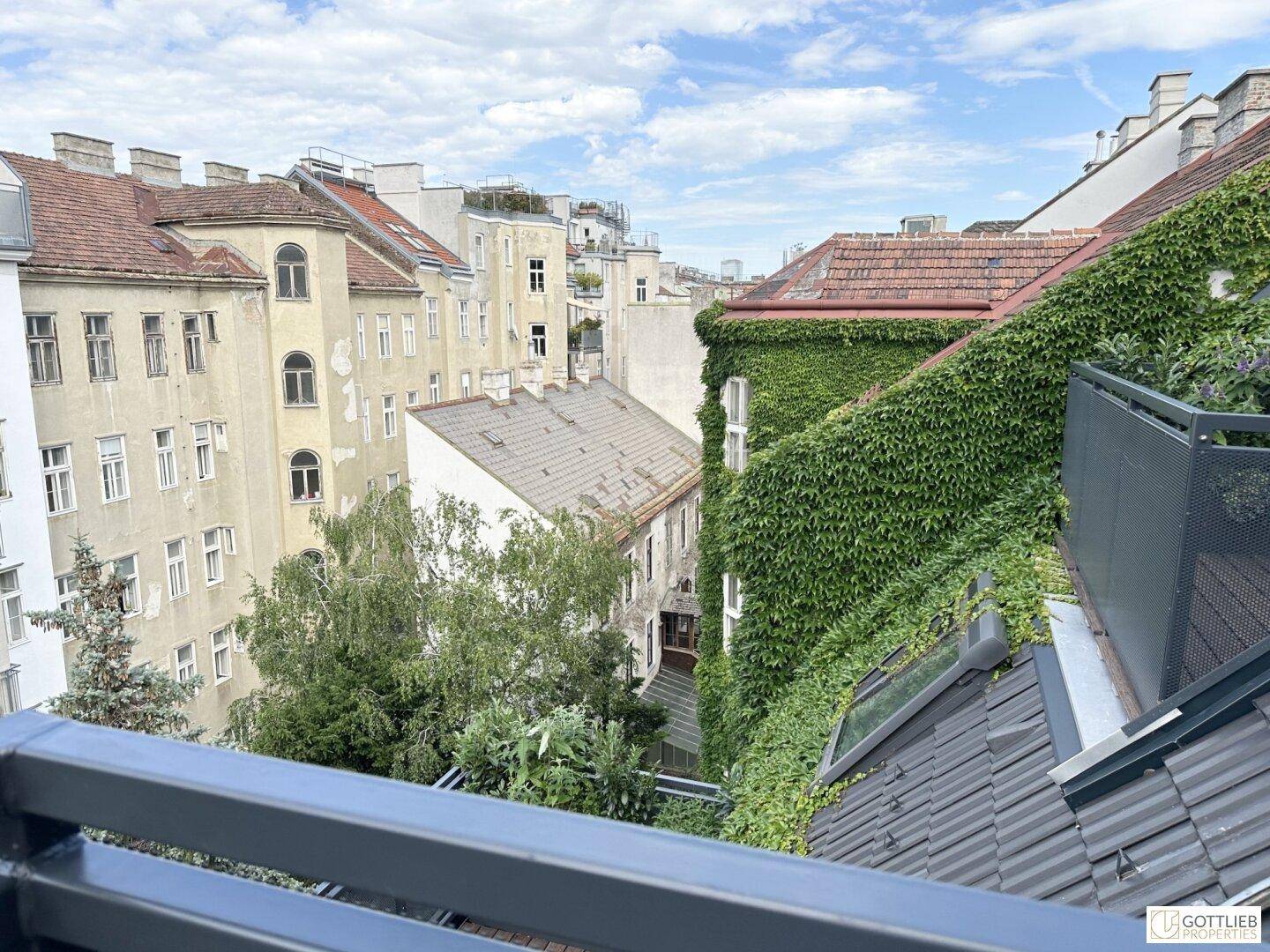 Ausblick von einem Balkon auf die umliegenden Dächer und eine grüne, bewachsene Fassade.