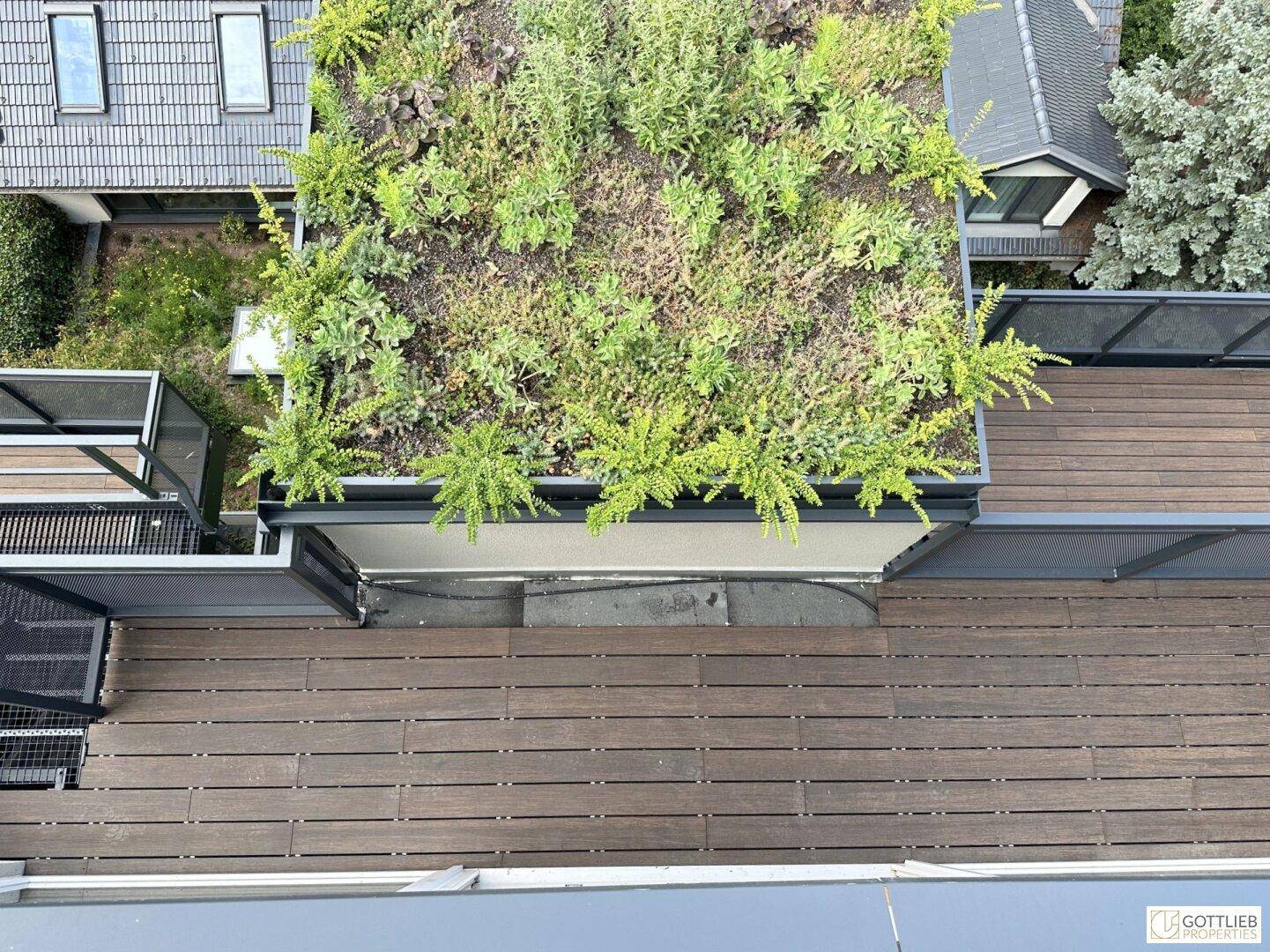 Blick von oben auf eine begrünte Dachfläche und eine angrenzende Holzterrasse.