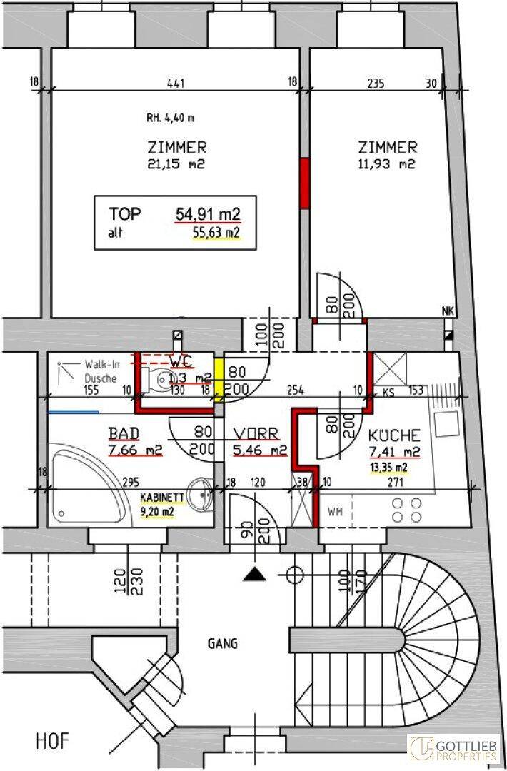 Grundriss einer Wohnung mit zwei Zimmern, Bad, WC und Küche.