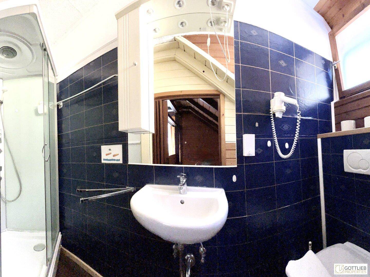 Badezimmer mit blauen Fliesen, Duschkabine und Waschbecken, unter einer Dachschräge gelegen.