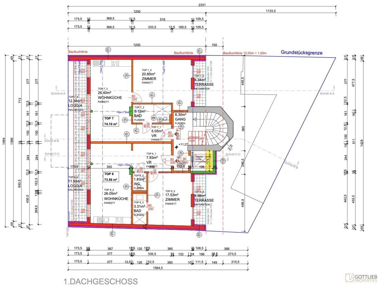 Grundriss des ersten Dachgeschosses mit Wohnungen, Terrassen und Bädern.