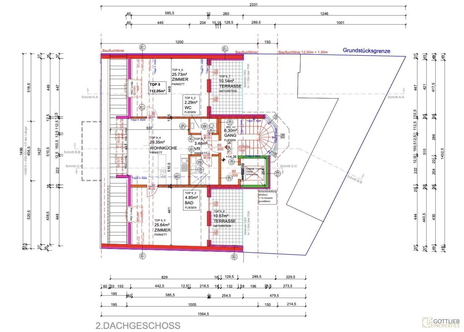 Grundriss des zweiten Dachgeschosses mit Wohnungen, Terrassen und Bädern.