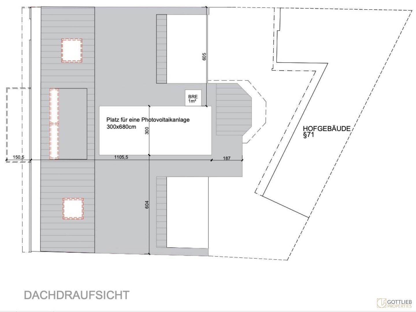 Dachaufsicht mit eingezeichnetem Bereich für eine Photovoltaikanlage und Dachfenstern.