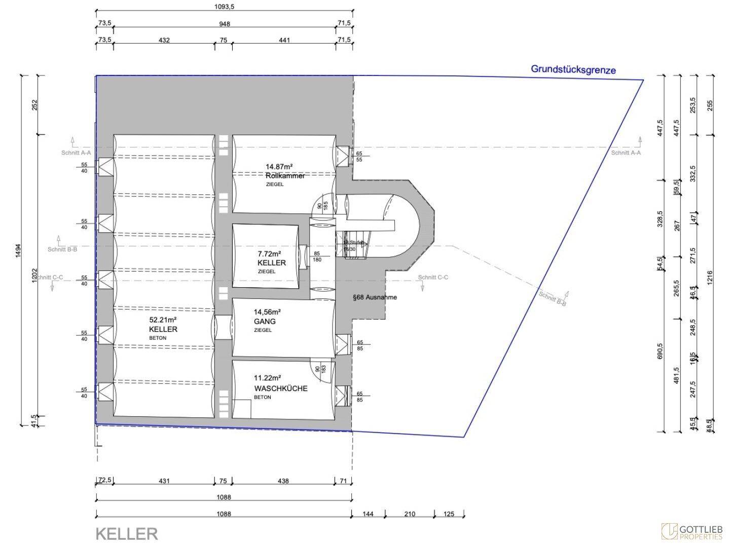 Grundriss des Kellergeschosses mit mehreren Kellerräumen und einem Waschküchenbereich.