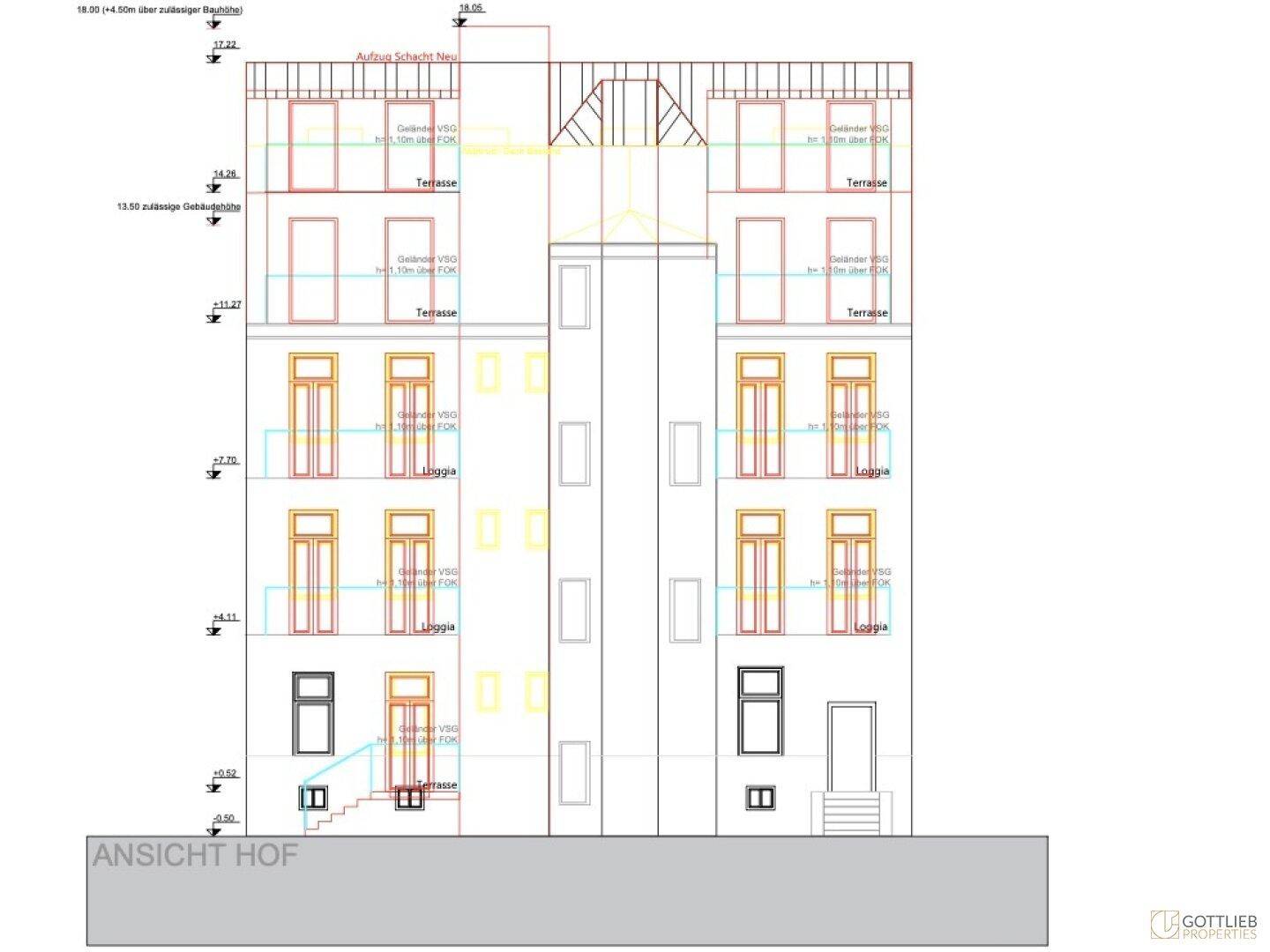 Architektonische Ansicht der Gebäudefassade zum Hof mit mehreren Terrassen und Loggien auf verschiedenen Etagen des Gebäudes.