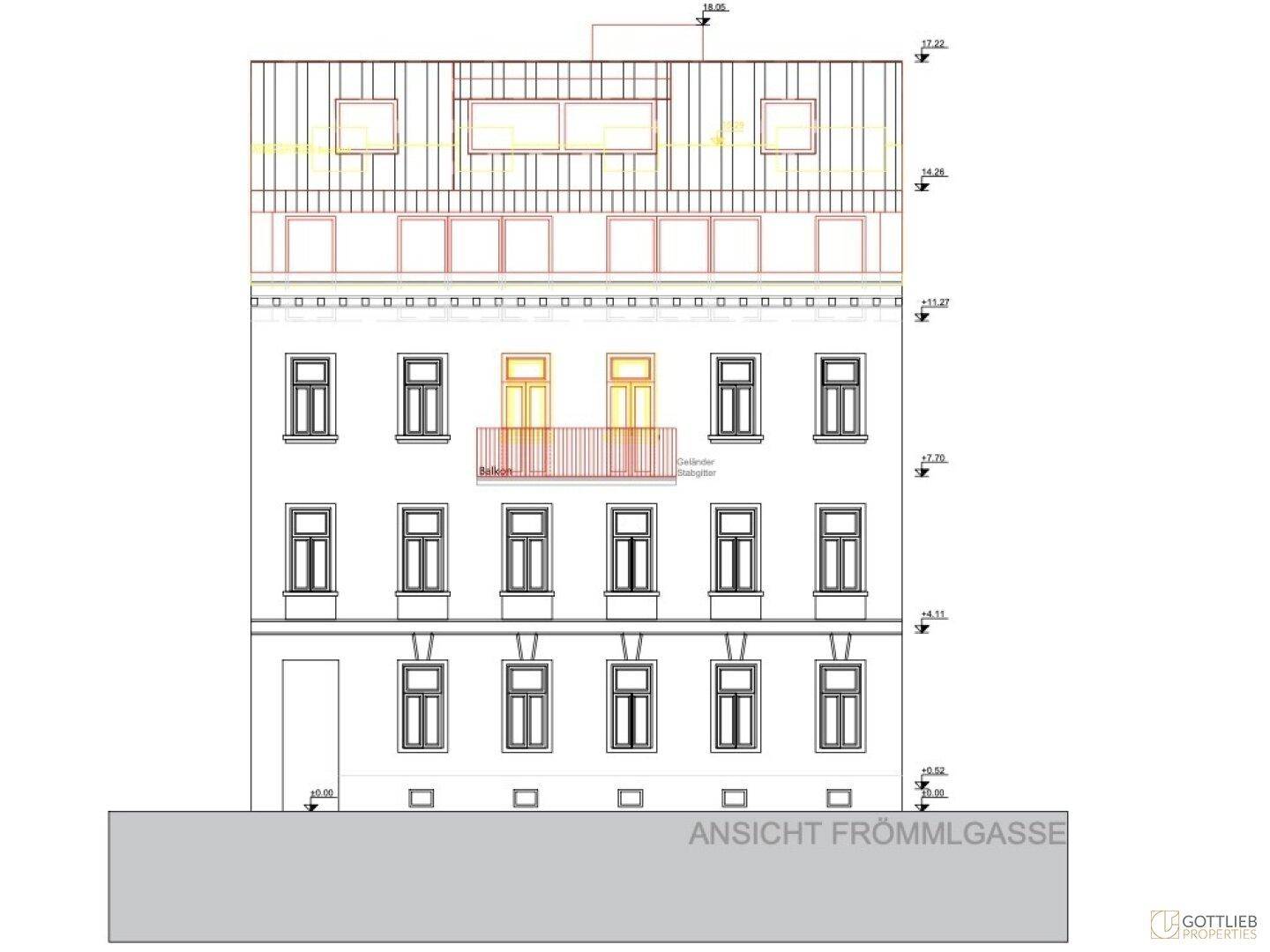 Architektonische Ansicht der Gebäudefassade zur Frömmelgasse mit mehreren Fenstern und einem Balkon auf der zweiten Etage.