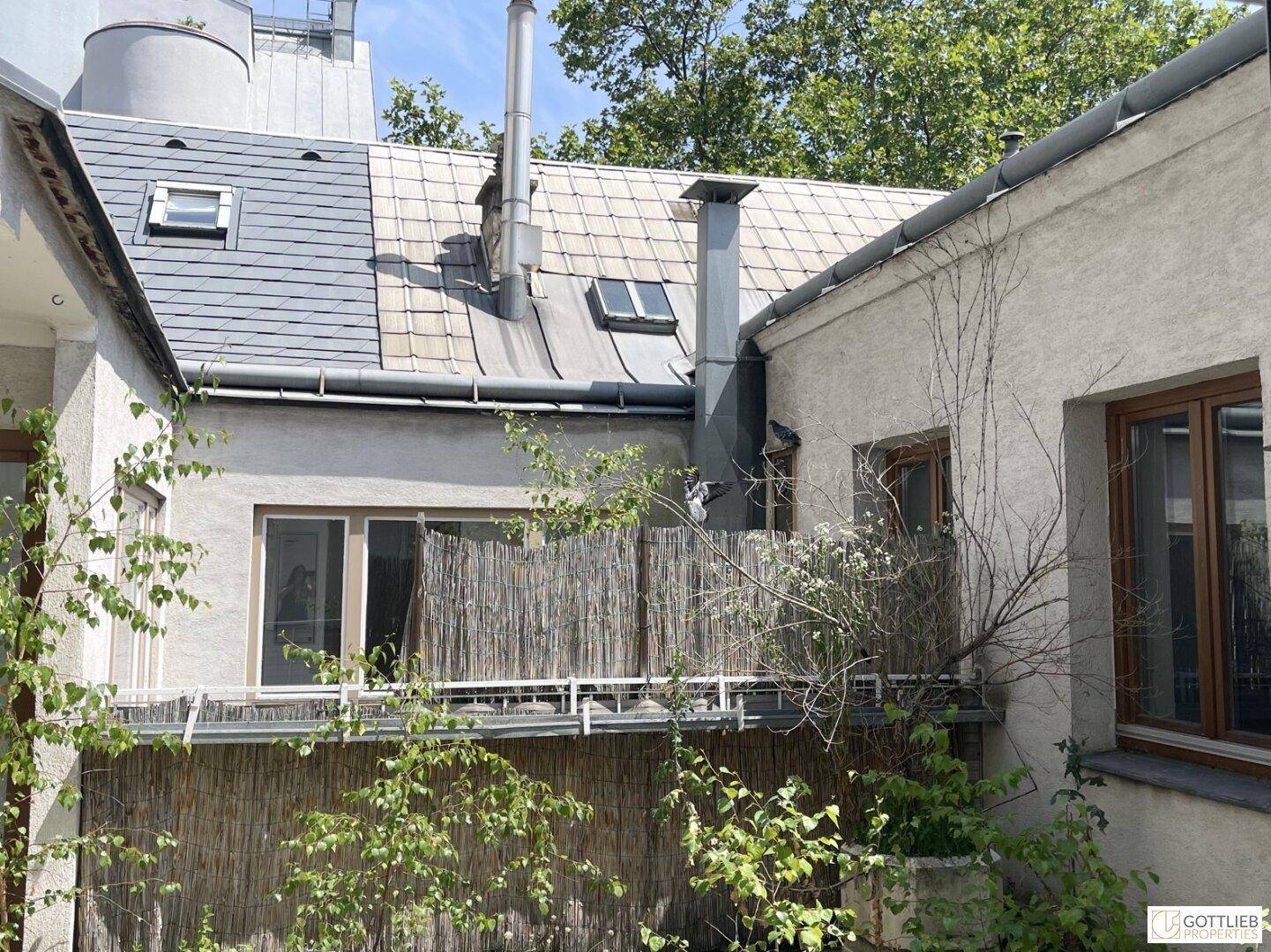 Rückansicht eines Gebäudes mit verschiedenen Dachtypen, Dachfenstern und einer kleinen, bewachsenen Terrasse.