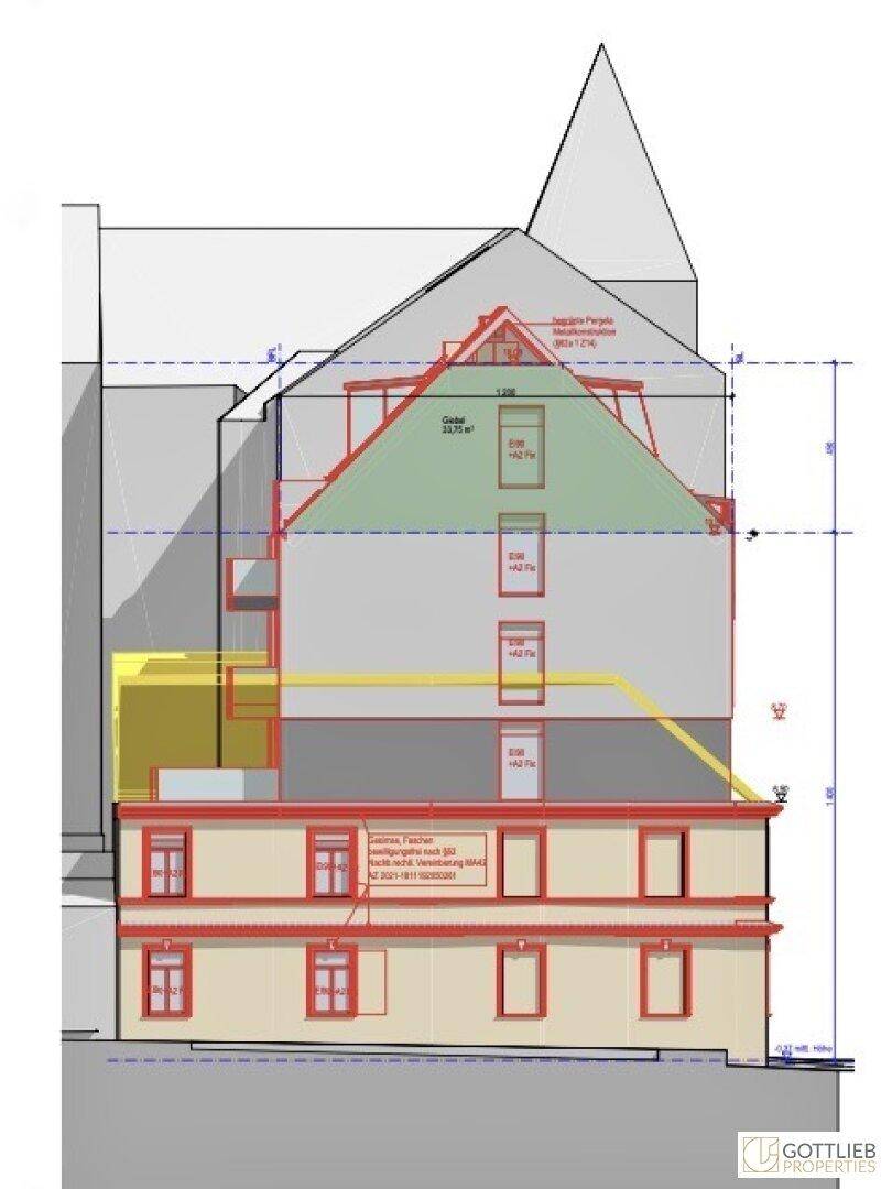 Eine architektonische Seitenansicht des Gebäudes mit Dachschrägen und Fensterdetails, die den Aufbau verdeutlicht.
