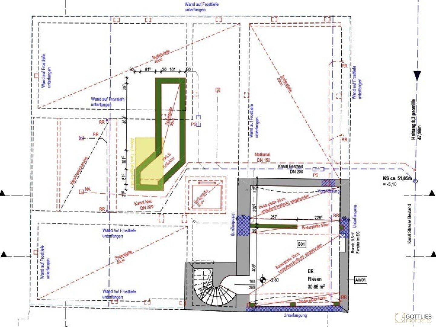 Grundriss des Kellergeschosses mit Treppenhaus und Abstellräumen, der die Aufteilung des Untergeschosses zeigt.