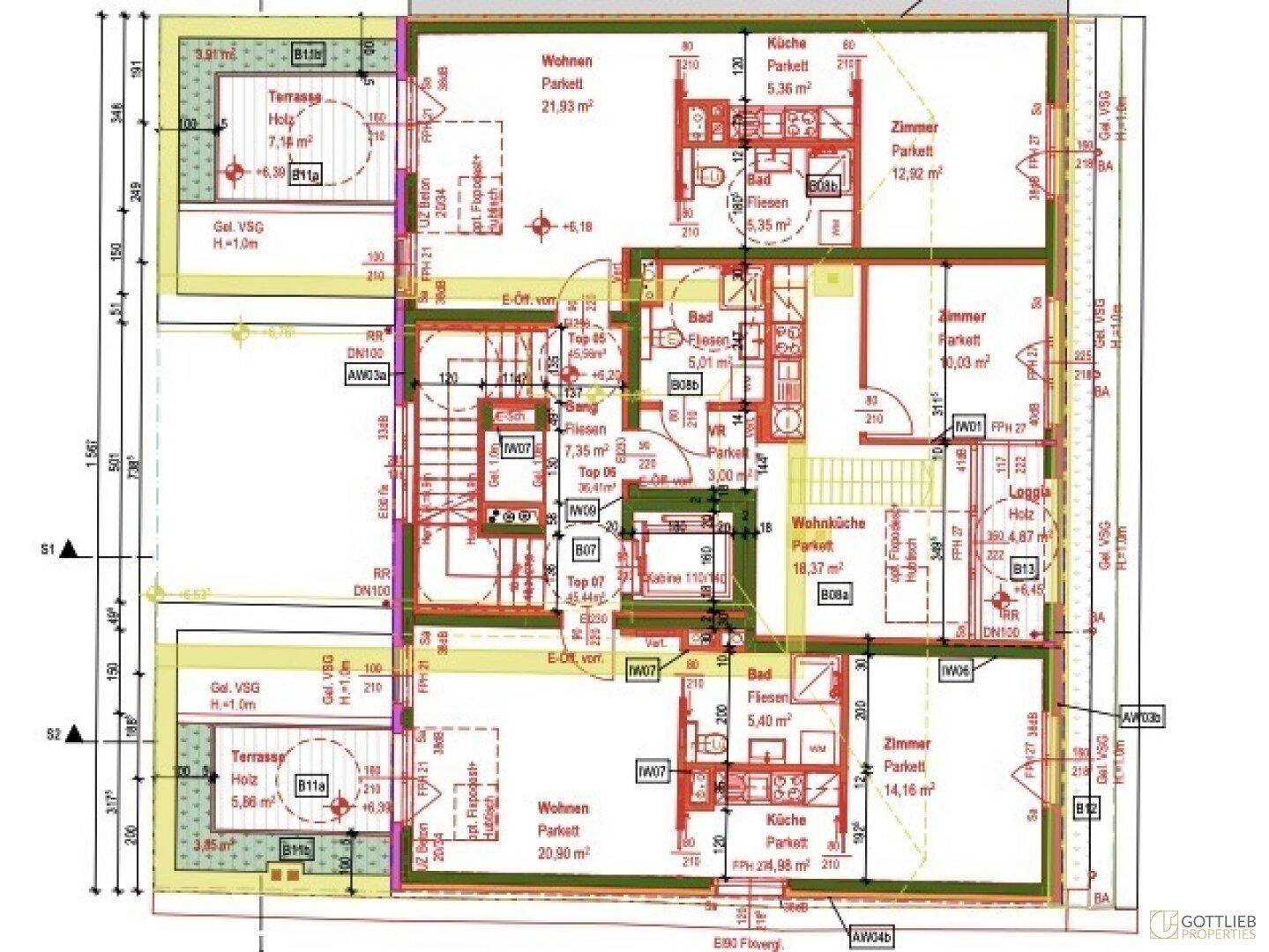 Grundriss des zweiten Obergeschosses mit mehreren Wohneinheiten, Terrassen und Loggien, detailliert.