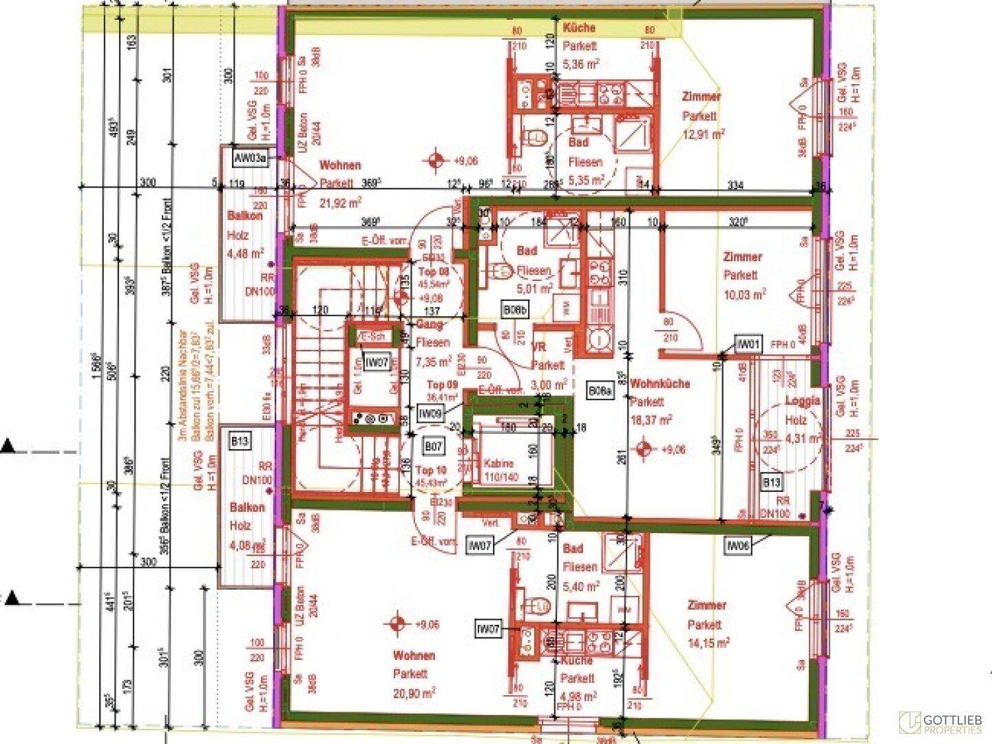 Grundriss des dritten Obergeschosses mit verschiedenen Wohnungen, Balkonen und Loggien, klar erkennbar.