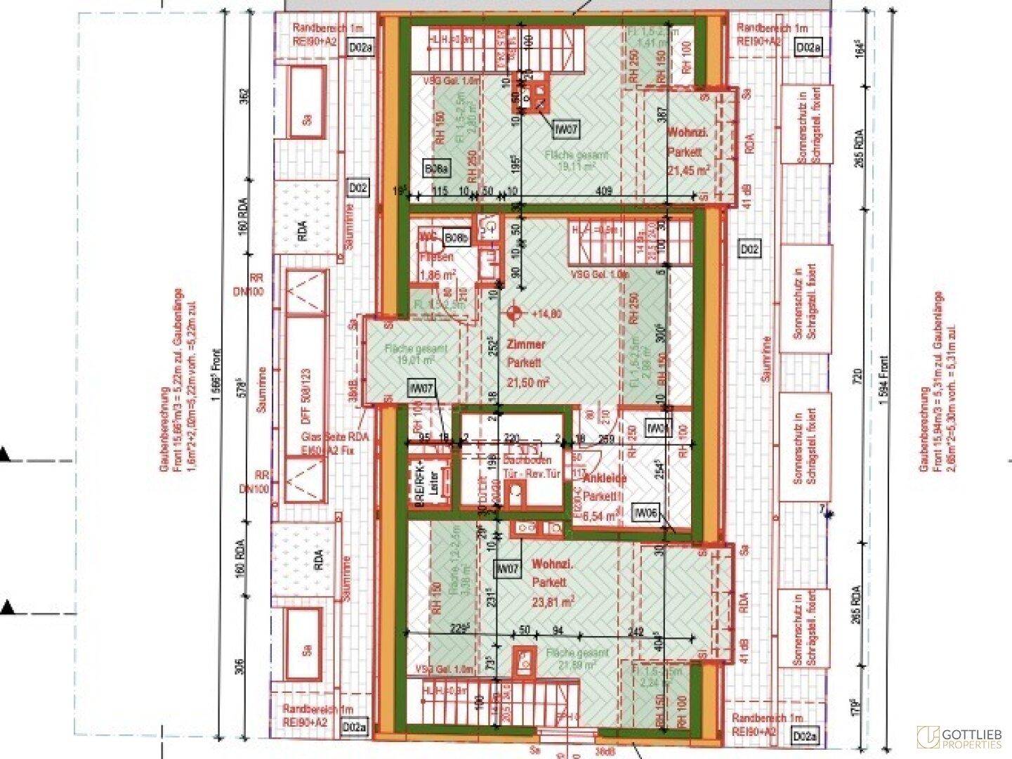 Detaillierter Grundriss mit mehreren Wohneinheiten, Zimmern und Parkettböden.