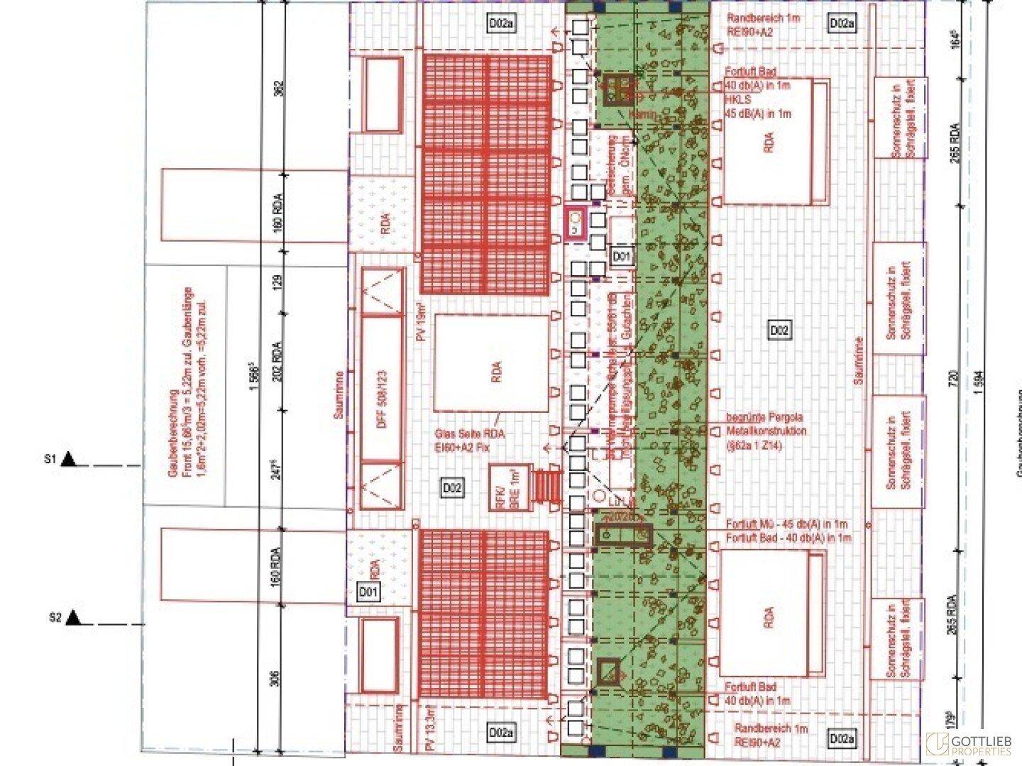 Grundriss mit Außenbereichen, PV-Paneelen und einer geplanten Pergola.