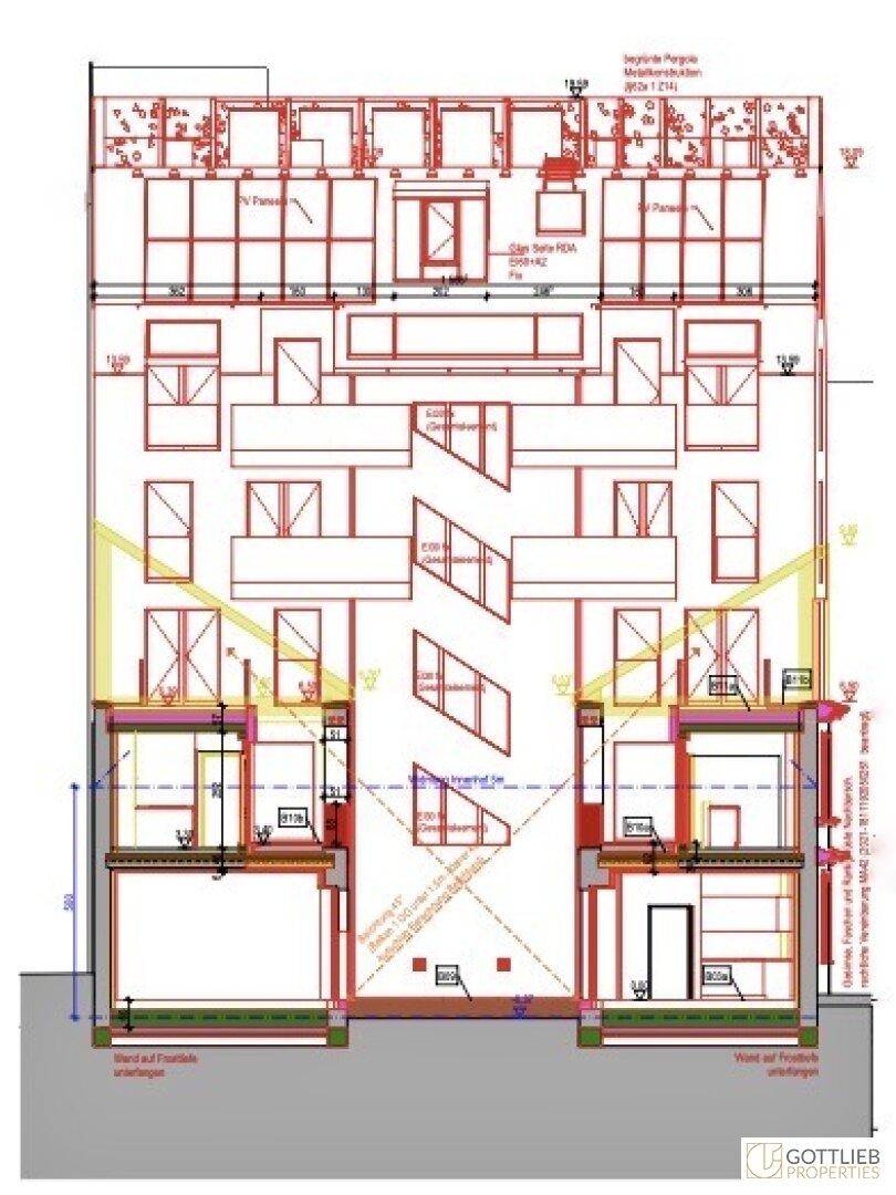 Querschnitt durch das Gebäude mit Ansicht der Fassade und inneren Struktur.