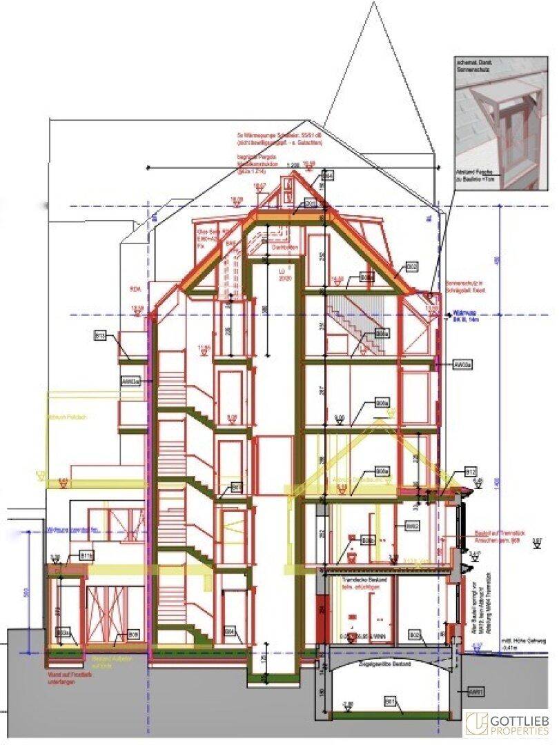 Architektonischer Schnitt durch ein Gebäude mit mehreren Etagen und Dachschrägen.