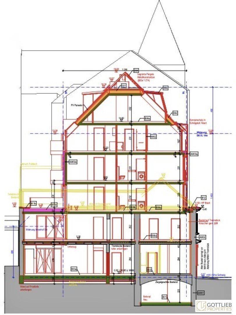 Gebäudeschnittansicht mit detaillierter Darstellung der Geschosse und Dachkonstruktion.