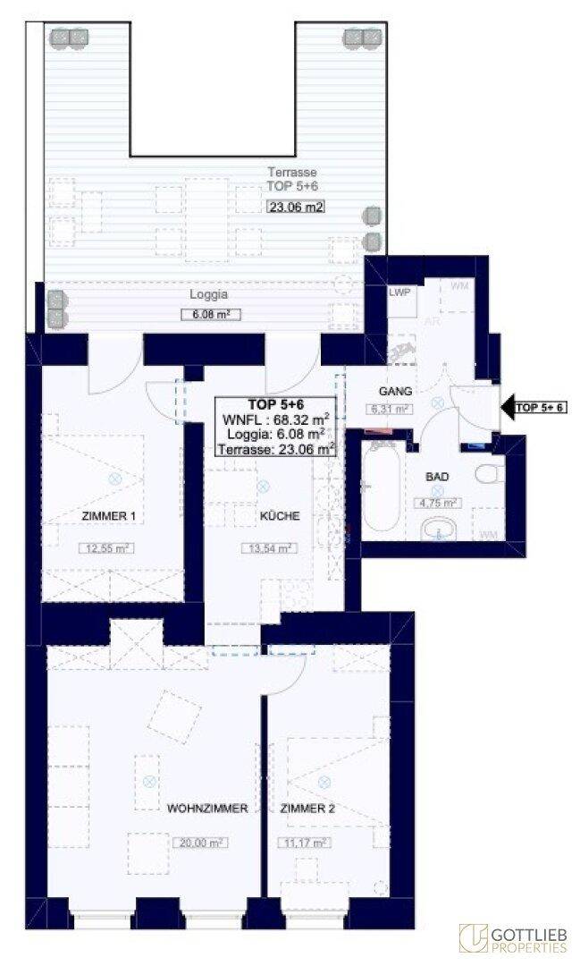 Grundriss der Wohnung Top 5+6 mit Terrasse, Loggia, zwei Zimmern und offenem Wohnbereich.