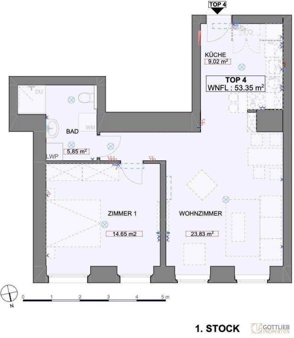 Grundriss der Wohnung TOP 4 mit Küche, Bad, einem Zimmer und Wohnzimmer.