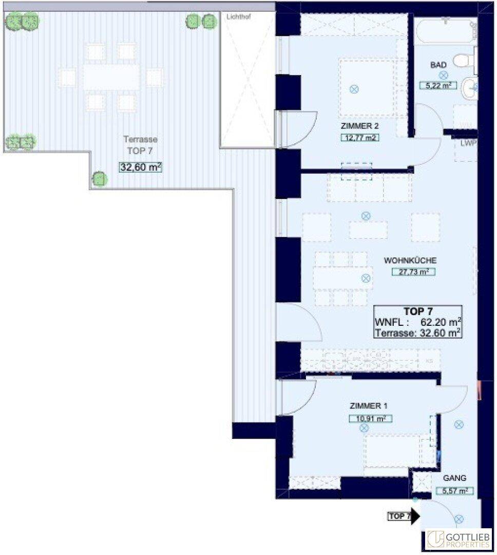 Grundriss der Wohnung Top 7 mit Wohnküche, zwei Zimmern und großer Terrasse.