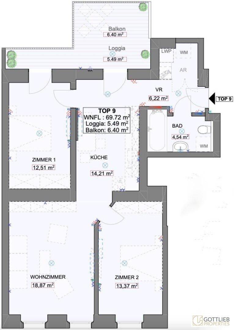 Grundriss einer Wohnung mit zwei Schlafzimmern, Wohnzimmer, Küche, Bad, Balkon und Loggia.