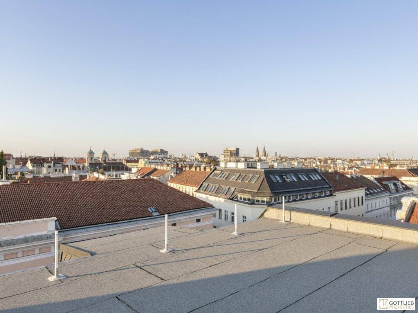 Weitläufiger Blick über die Dächer der Stadt unter klarem Himmel.