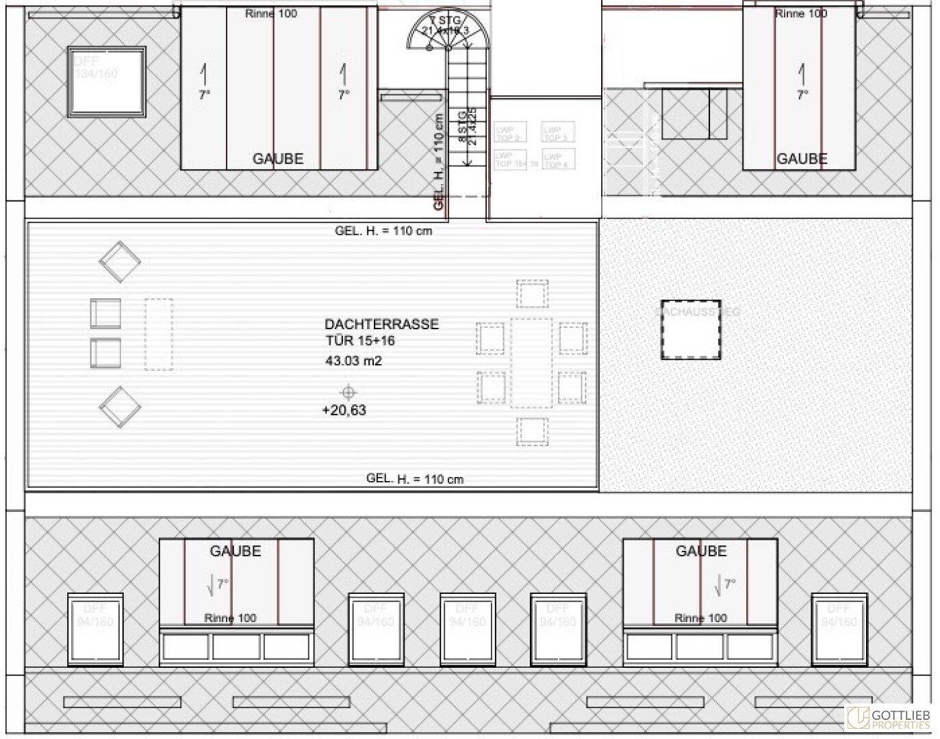 Grundriss der Dachterrasse mit umliegenden Gauben und Zugang zum Treppenhaus.