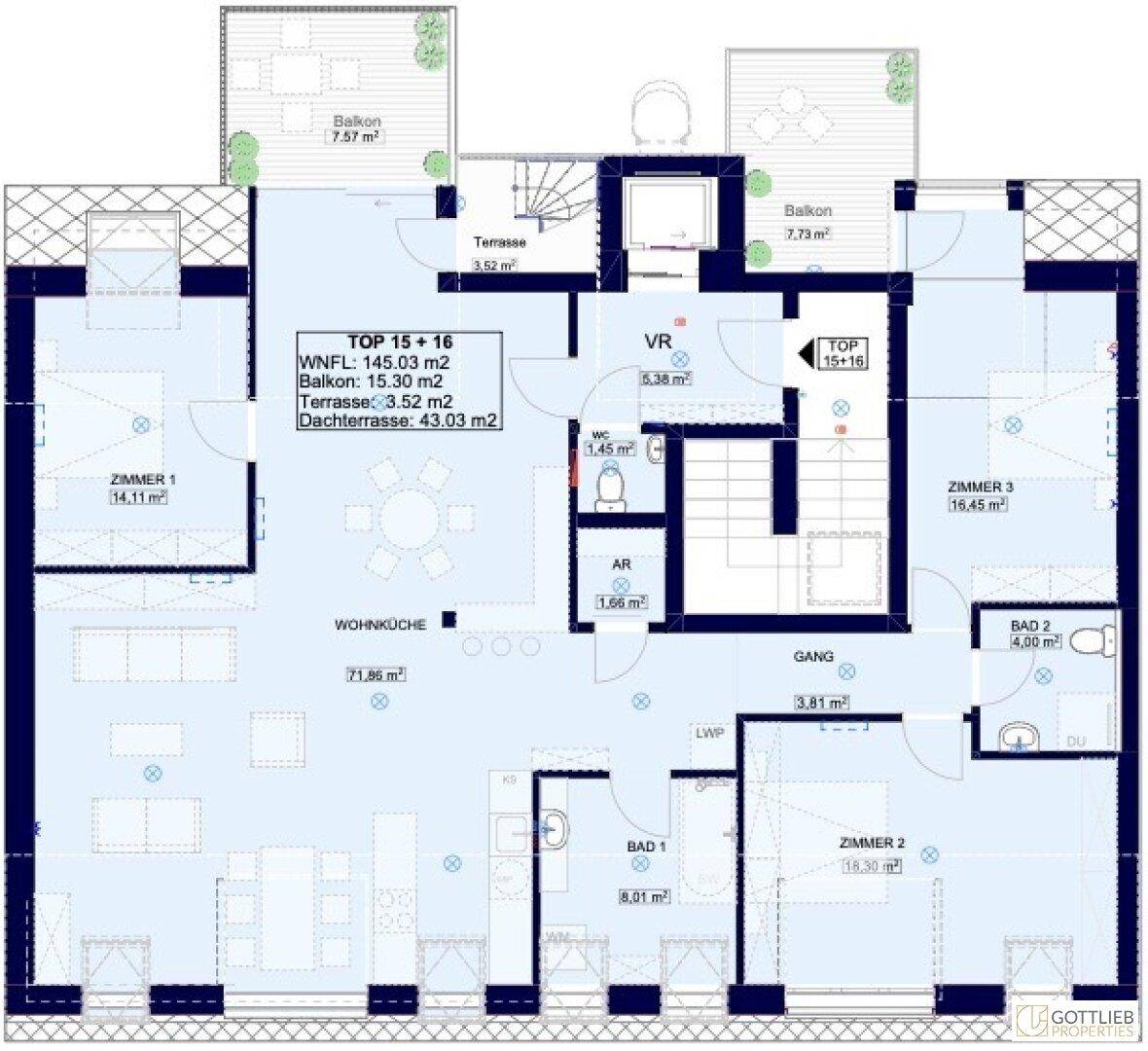Detaillierter Grundriss einer Wohnung mit drei Zimmern, Balkonen und Dachterrasse.