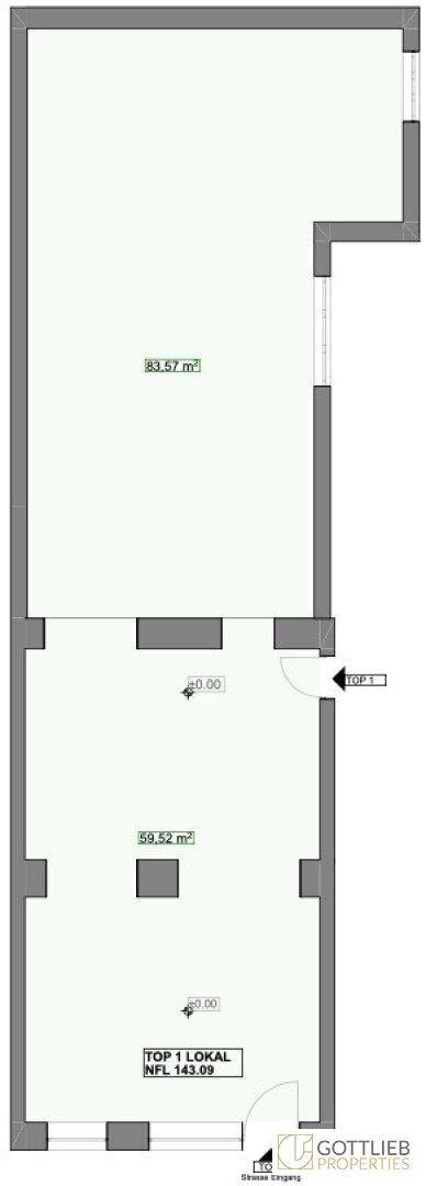 Grundriss eines Gewerberaums mit zwei großen, offenen Bereichen und einer Gesamtfläche von 143,09 m².