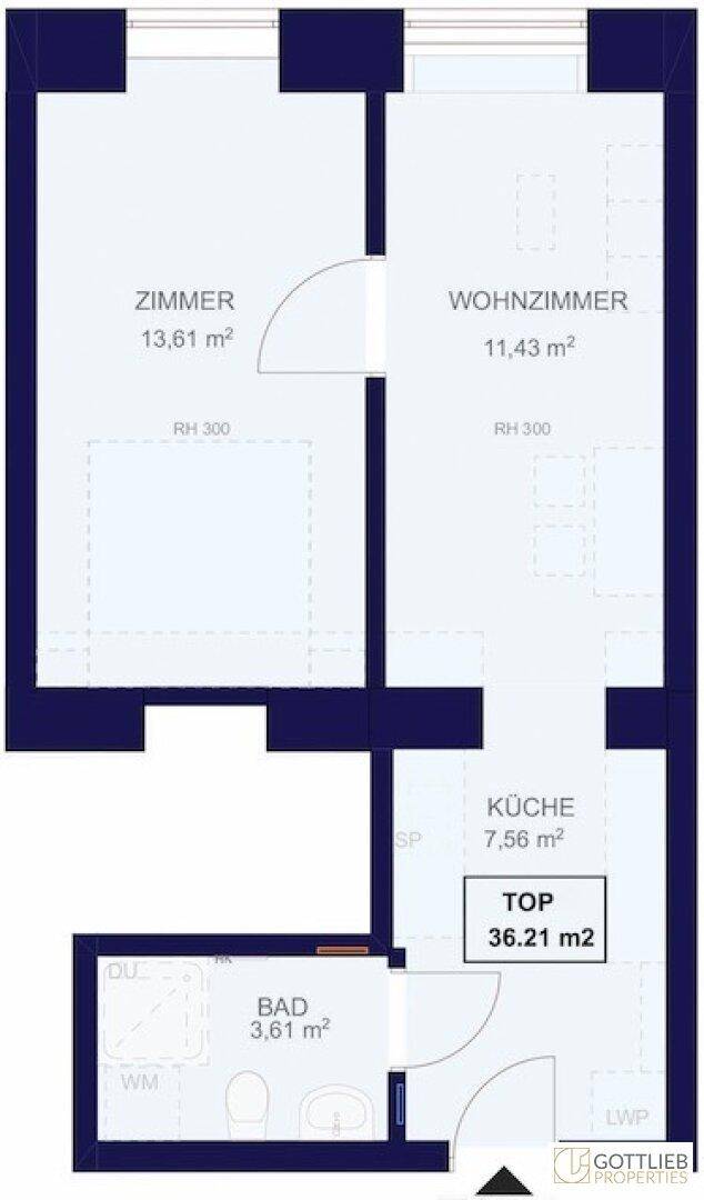 Grundriss einer Wohnung mit Zimmer, Wohnzimmer, Küche und Bad auf 36,21 m².