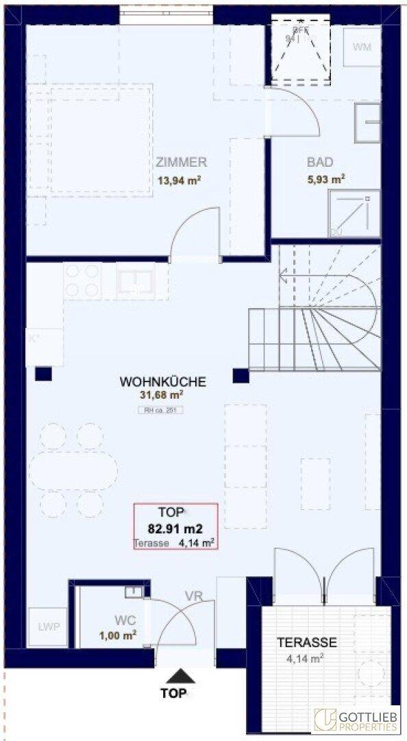 Grundriss zeigt eine Wohnküche, Schlafzimmer, Bad, WC und eine Terrasse auf 82,91 m².