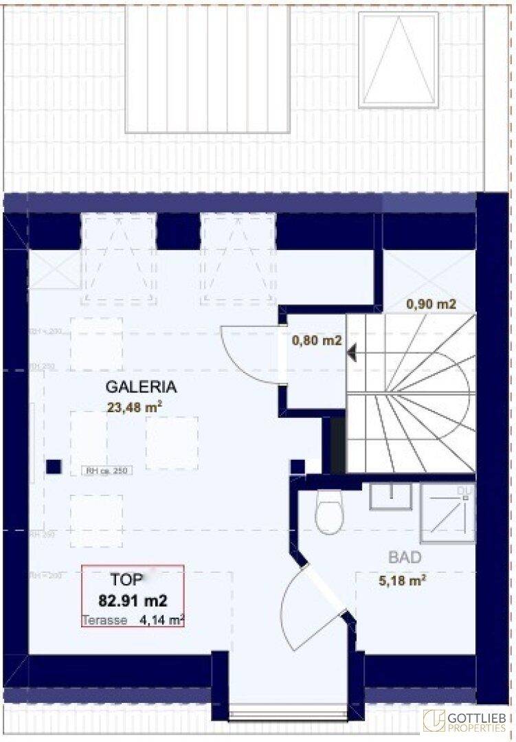 Grundriss zeigt eine Galerie, ein Badezimmer und eine Treppe auf der oberen Ebene.