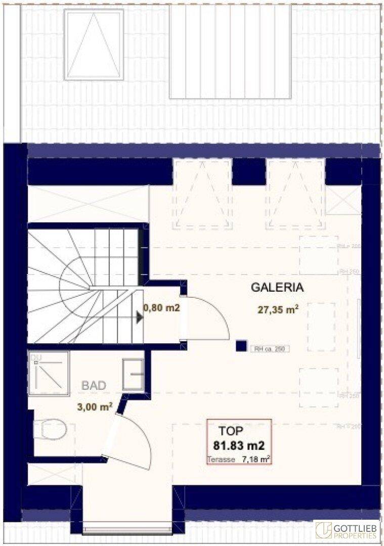 Grundriss einer Galerie-Ebene mit Bad und Treppenaufgang.
