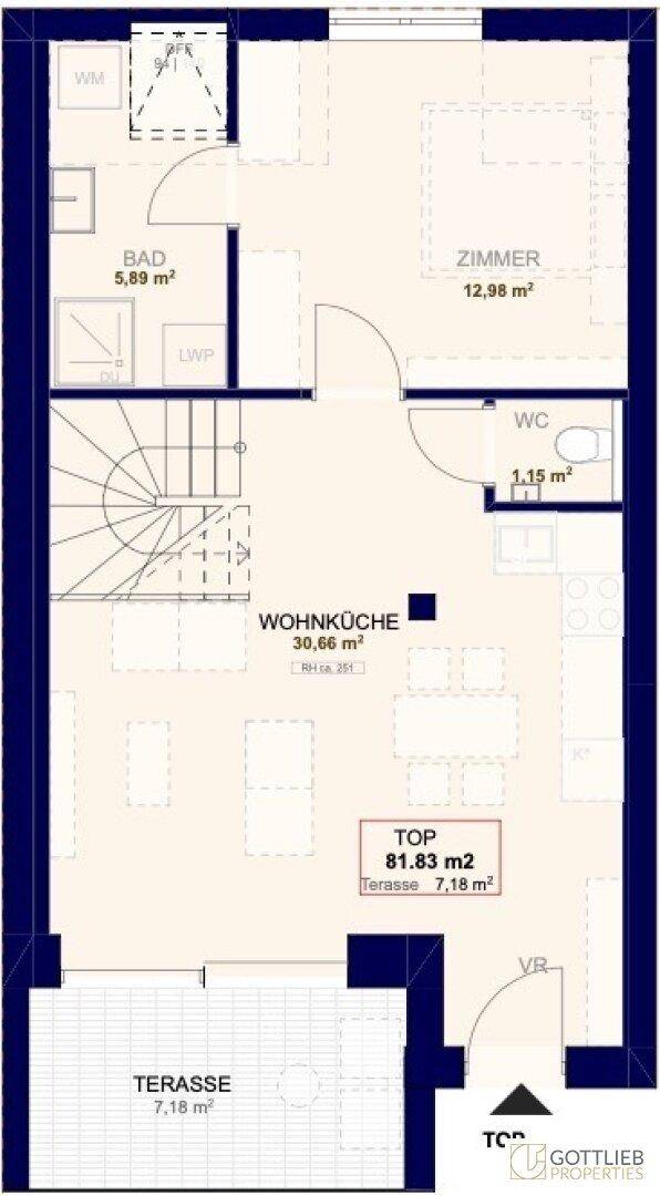 Grundriss einer Wohnung mit Wohnküche, Schlafzimmer, Bad und Terrasse.
