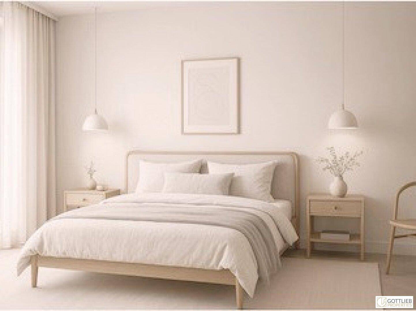 Helles und minimalistisches Schlafzimmer-Rendering mit Holzbett und schlichten Pendelleuchten.