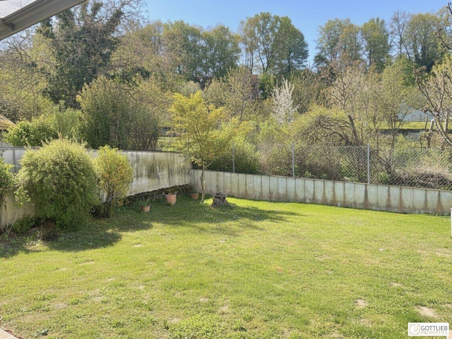 Großer, gepflegter Garten mit Rasenfläche und altem Baumbestand unter blauem Himmel.