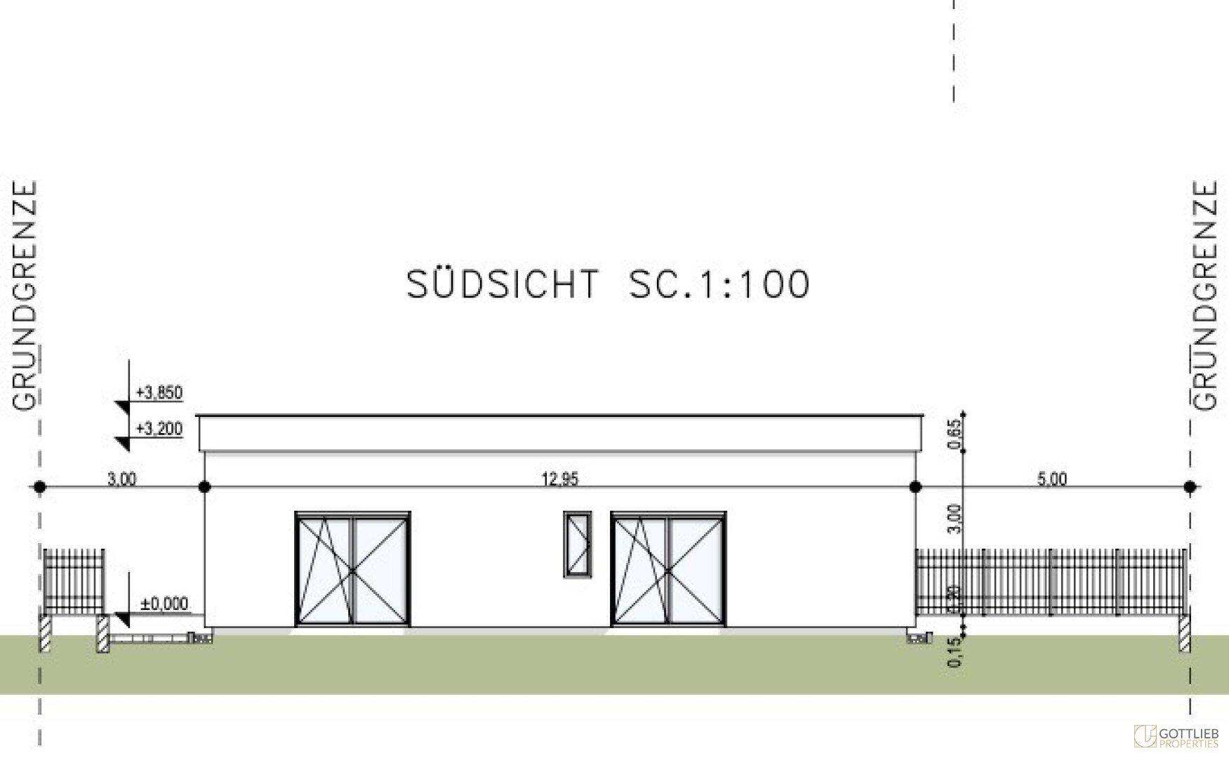 Südansicht des Gebäudes mit zwei großen Fensterfronten und einem kleineren Fenster in der Mitte.