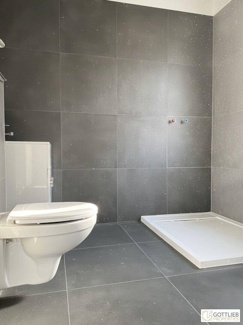 Modernes Badezimmer mit grauen Fliesen, wandhängendem WC und einer ebenerdigen Duschwanne.